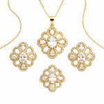 Gold jewelry set featuring a pendant necklace, ring, and two matching earrings, all designed with a floral motif and clear rhinestones on a white background.