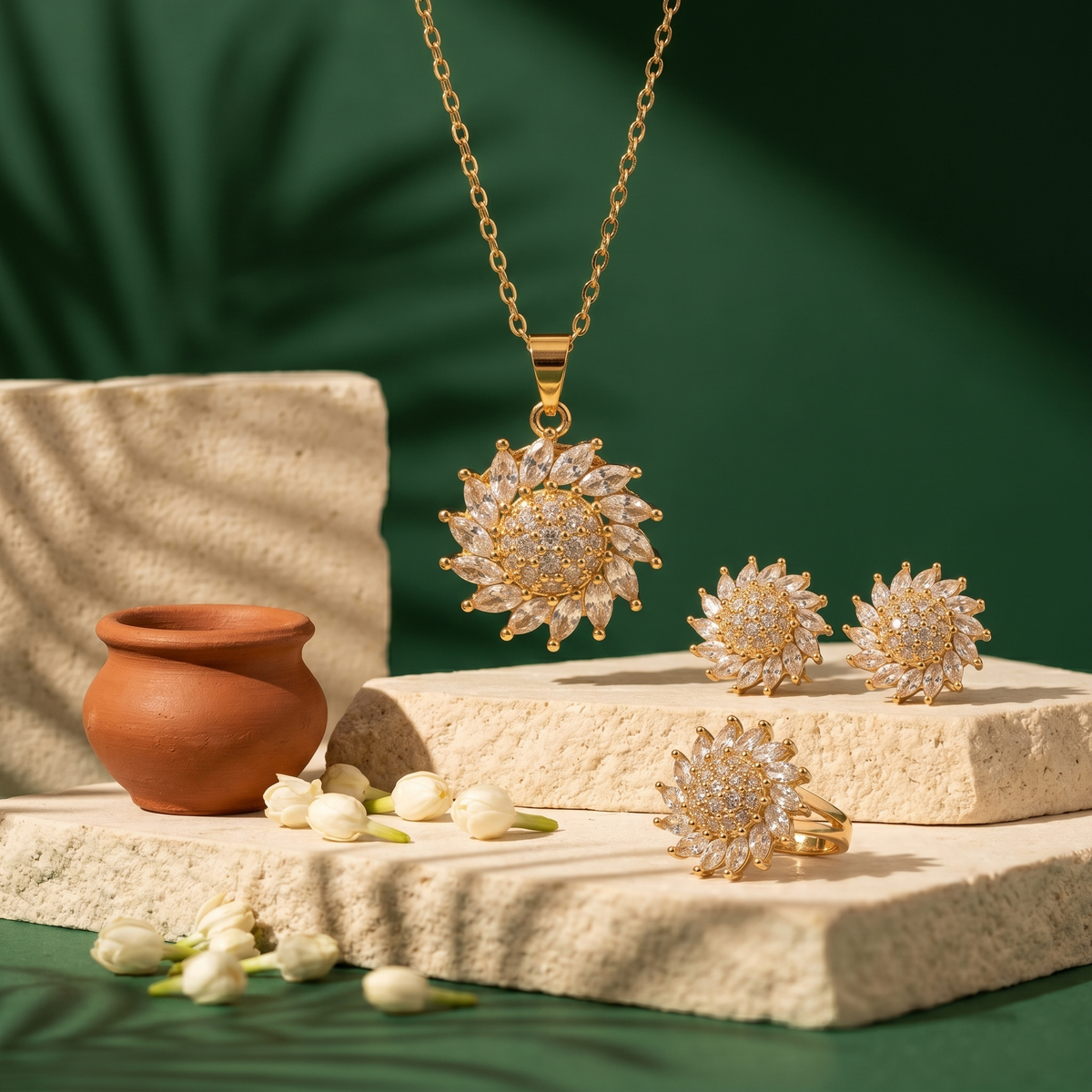 Gold jewelry set featuring a pendant necklace, matching earrings, and a ring, all adorned with clear crystal-like stones in a sunburst design, displayed on textured stone blocks with a small terracotta pot and white flower buds against a dark green background.