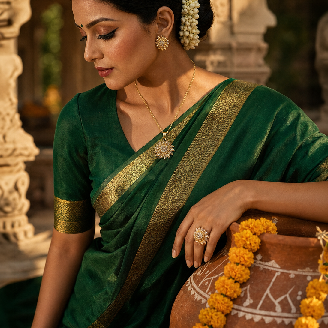 A woman wearing a dark green silk saree with a wide gold border, styled with gold jewelry and a floral garland, posed next to a terracotta pot in a traditional architectural setting.