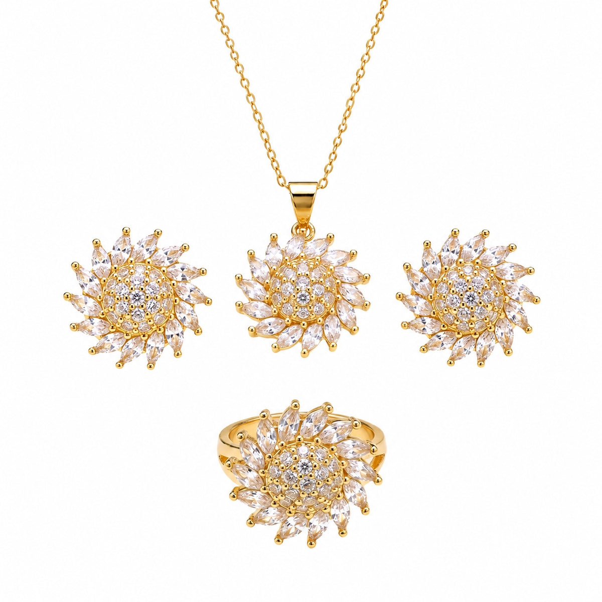 Sunburst Floral Crystal Pendant Necklace, Earrings & Ring Jewelry Set
