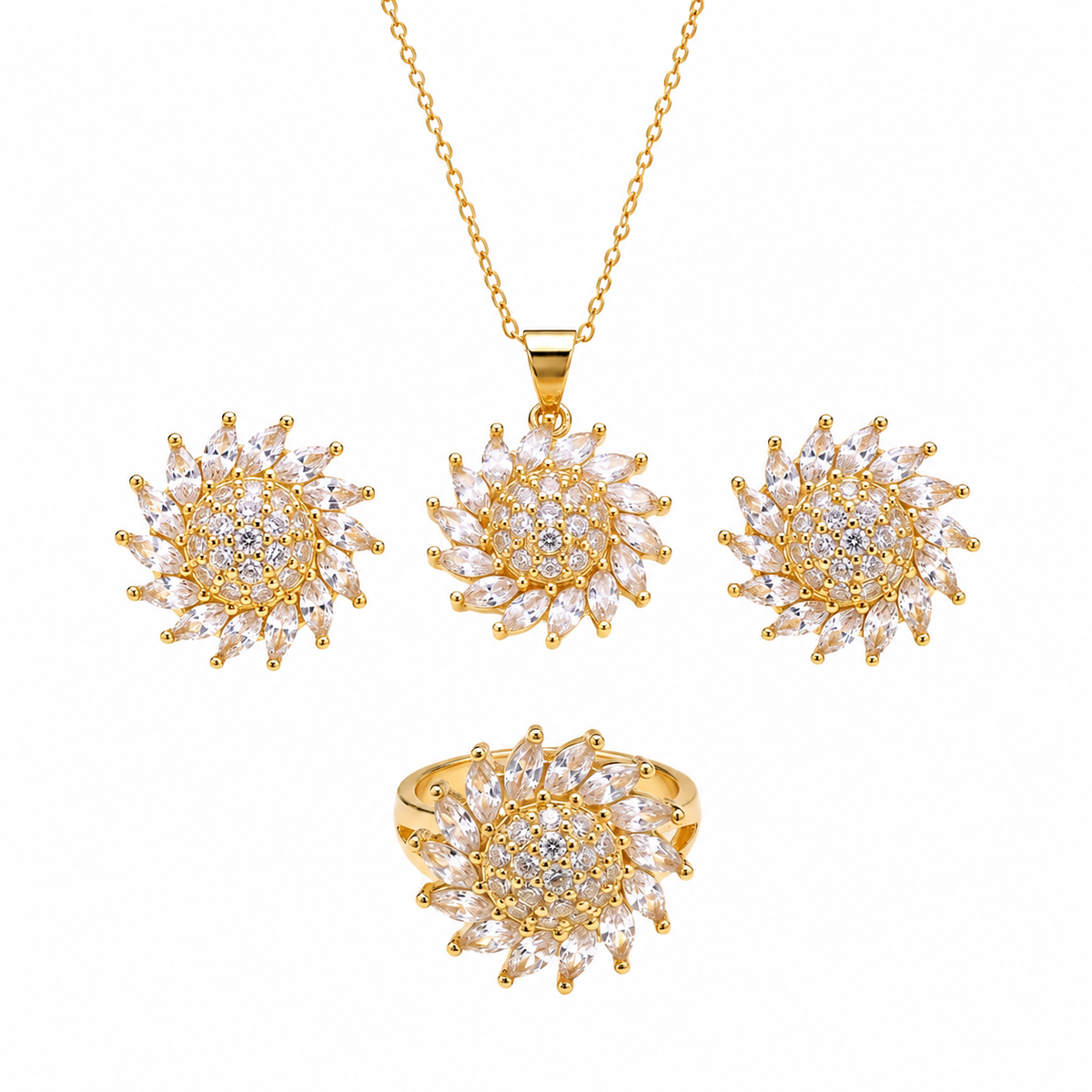 Sunburst Floral Crystal Pendant Necklace, Earrings & Ring Jewelry Set