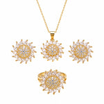 Sunburst Floral Crystal Pendant Necklace, Earrings & Ring Jewelry Set