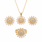 Sunburst Floral Crystal Pendant Necklace, Earrings & Ring Jewelry Set