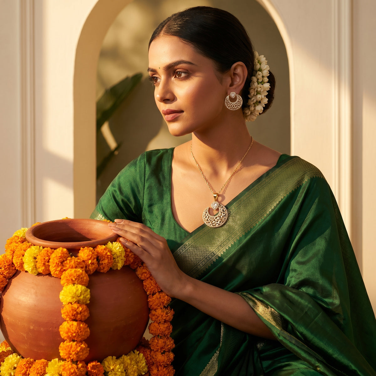 A woman in a dark green saree with gold zari detailing holds a terracotta pot decorated with orange and yellow marigold garlands. She is wearing a gold pendant necklace and matching earrings, set against a warm, sunlit architectural background with an arched doorway.