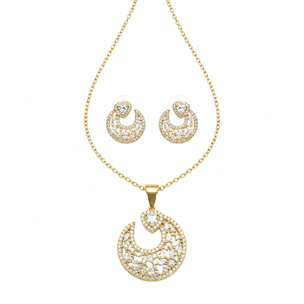 Gold crescent moon pendant necklace and matching stud earrings set, embellished with clear pavé gemstones on a white background.