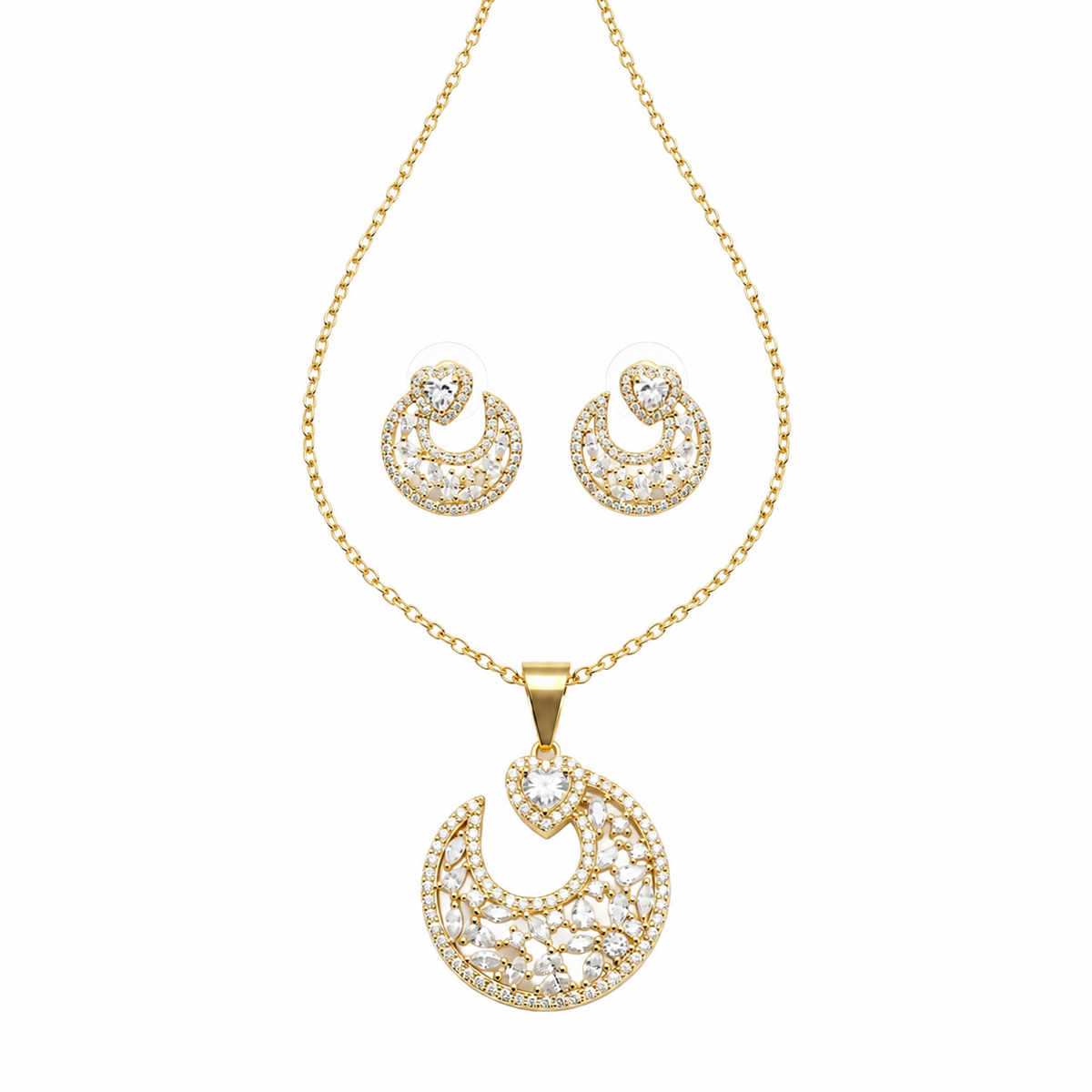 Gold crescent moon pendant necklace and matching stud earrings set, embellished with clear pavé stones on a white background.
