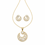 Gold crescent moon pendant necklace and matching stud earrings set, embellished with clear pavé stones on a white background.